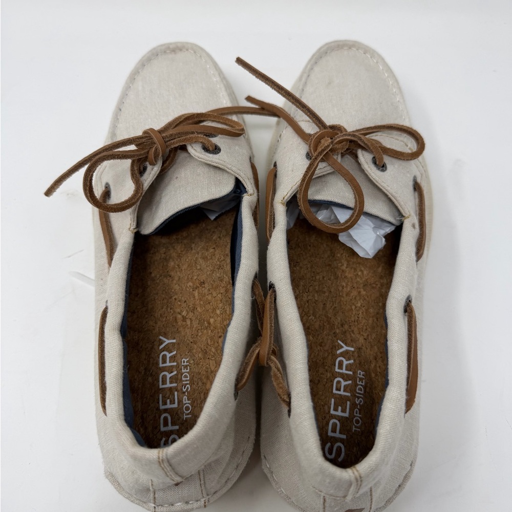 Sperry Cream Canvas Boat Shoes with Brown Laces